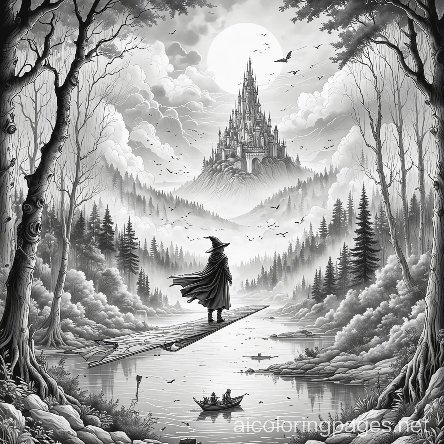 Futuristic fantasy Grafik novel cover 13 silver towers hovering in a cloudy foggy sky, side lighting, a witch and a boy on a flying carpet, over a forest, a and a distant lake, Coloring Page, black and white, line art, white background, Simplicity, Ample White Space. The background of the coloring page is plain white to make it easy for young children to color within the lines. The outlines of all the subjects are easy to distinguish, making it simple for kids to color without too much difficulty