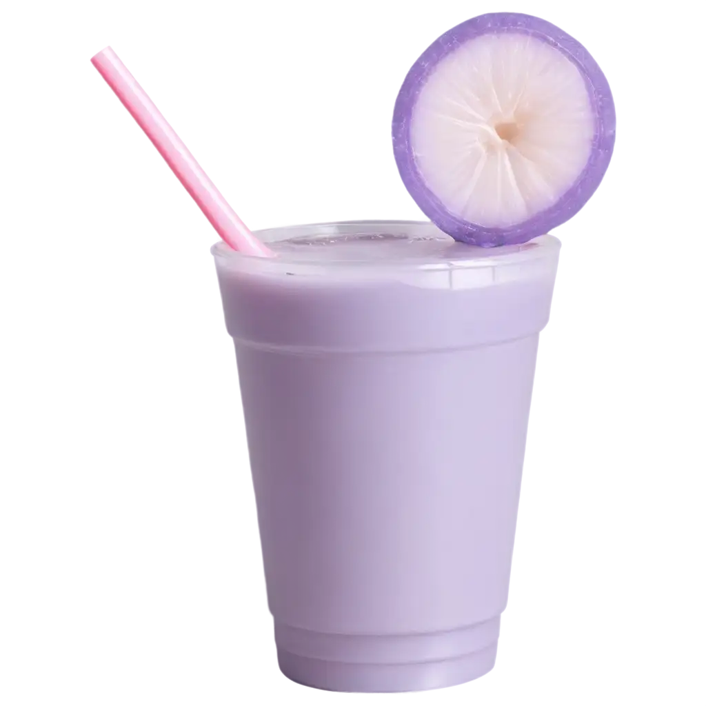 image of a taro flavored drink inside a cup with a cup lid and straw