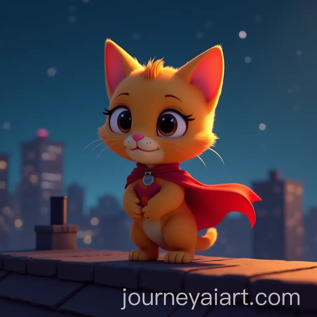 Tiny-OrangeAI-Image-Prompt-Expansion-Cat-in-Red-Superhero-Cape-on-Rooftop-at-Night-in-PixarStyle-Animation