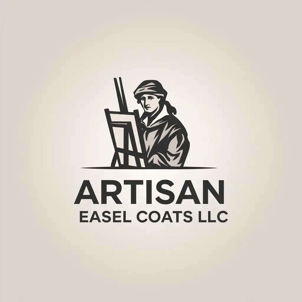 LOGO Design for Artisan Easel Coats LLC Renaissance Style Artist and Easel in Black and White