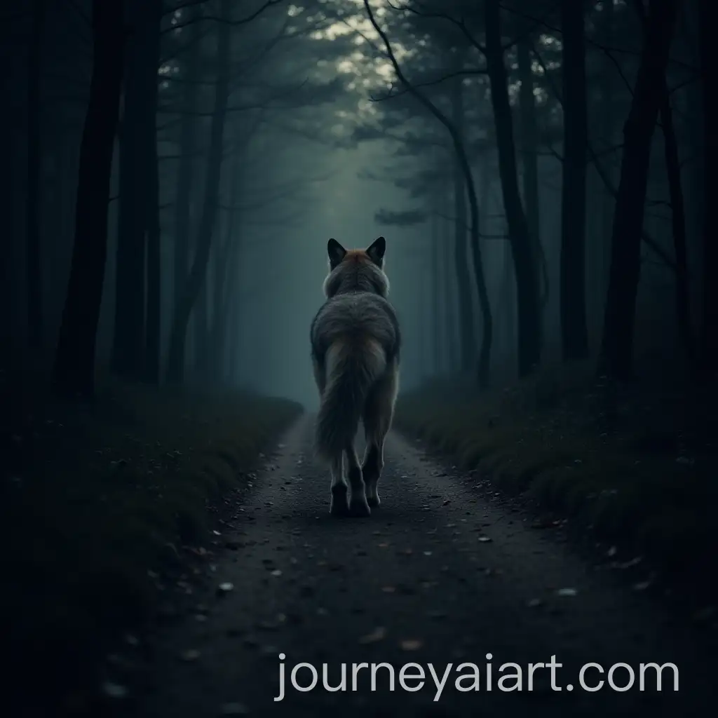 Wolf-Walking-Away-from-Illuminated-Community-in-Dark-Forest