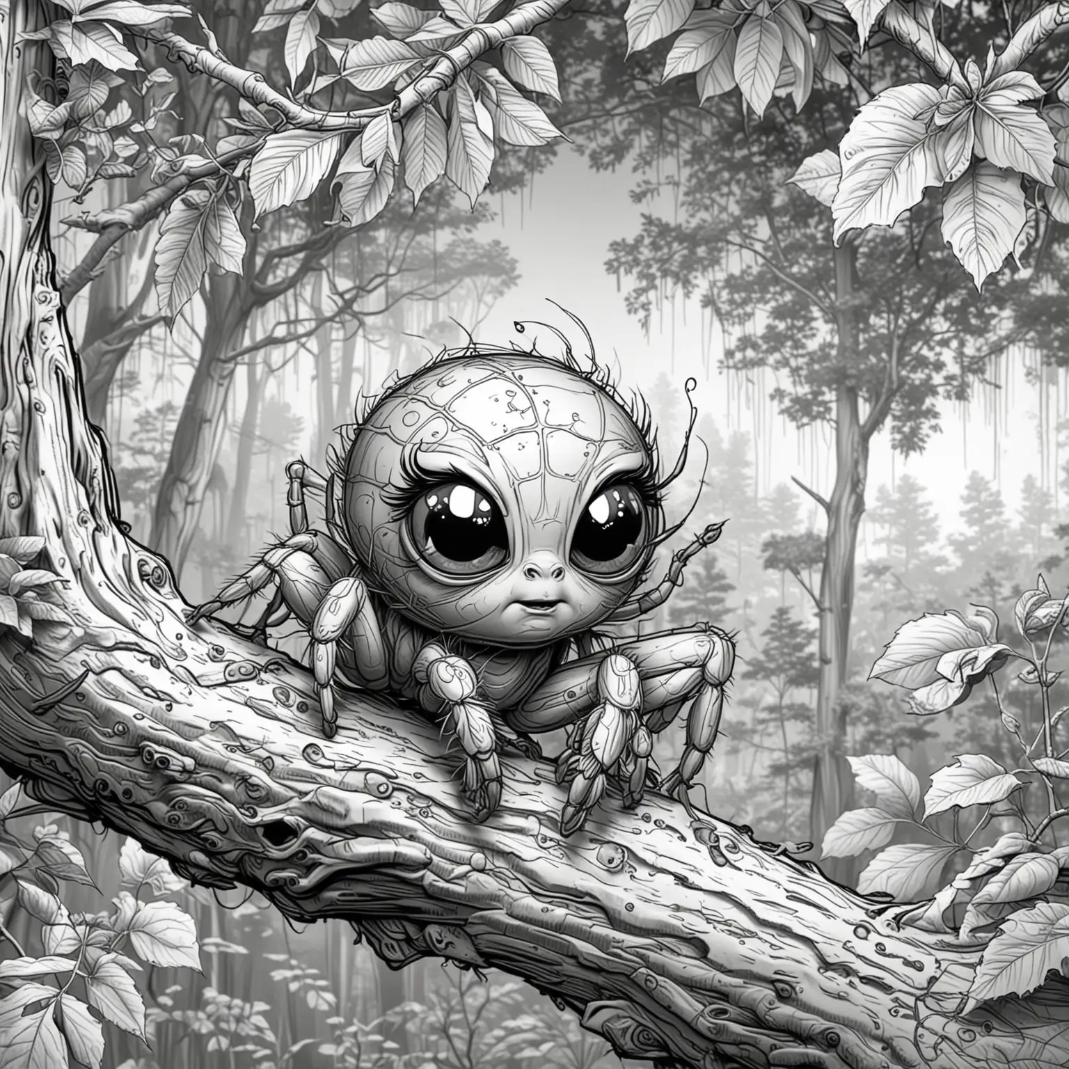 Baby Spider on Tree Branch in Forest Coloring Page