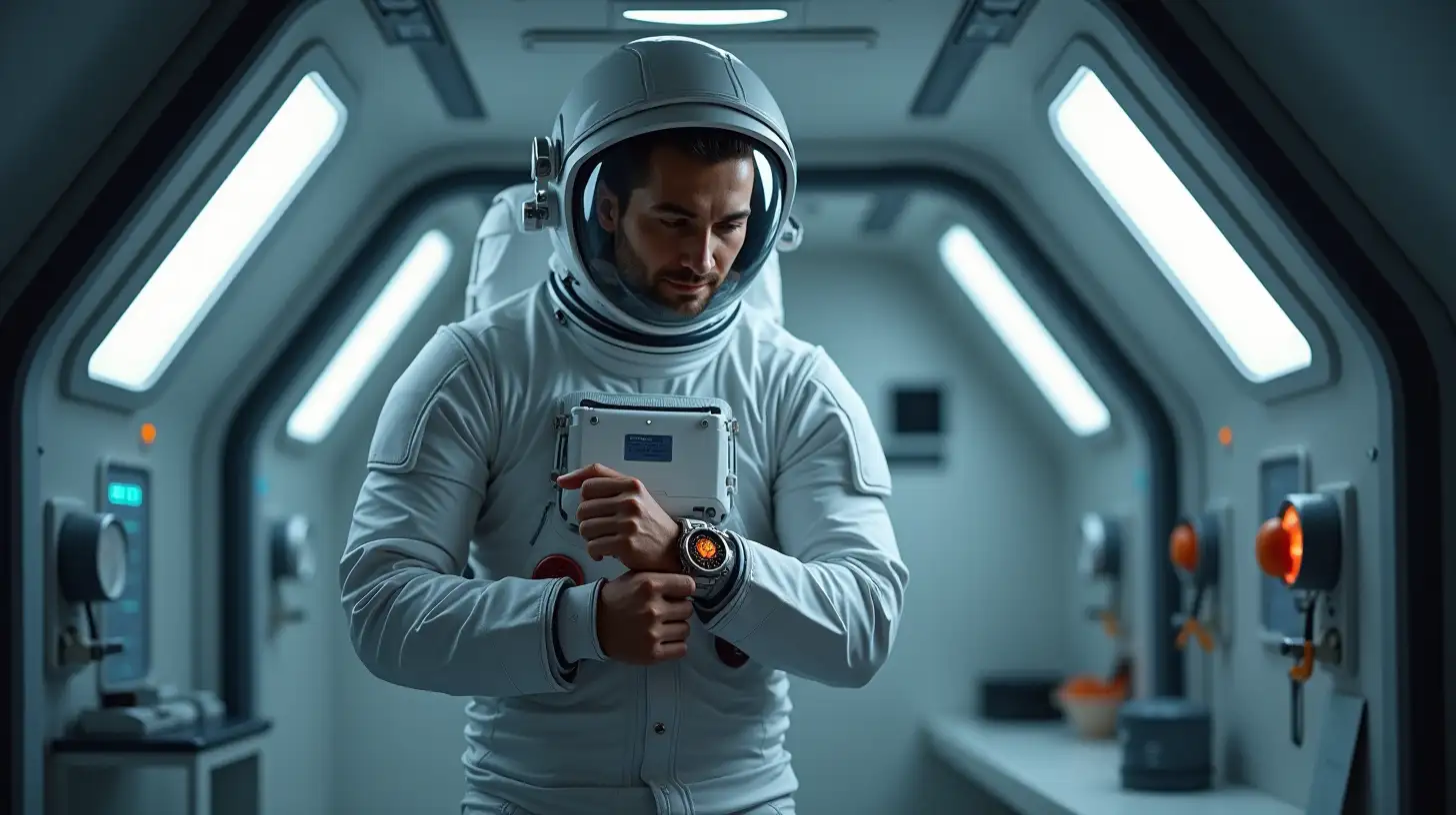 The astronaut standing inside the escape pod, confidently looking at the glowing watch on his wrist. The interior is brighter and more organized, symbolizing newfound clarity and harmony.