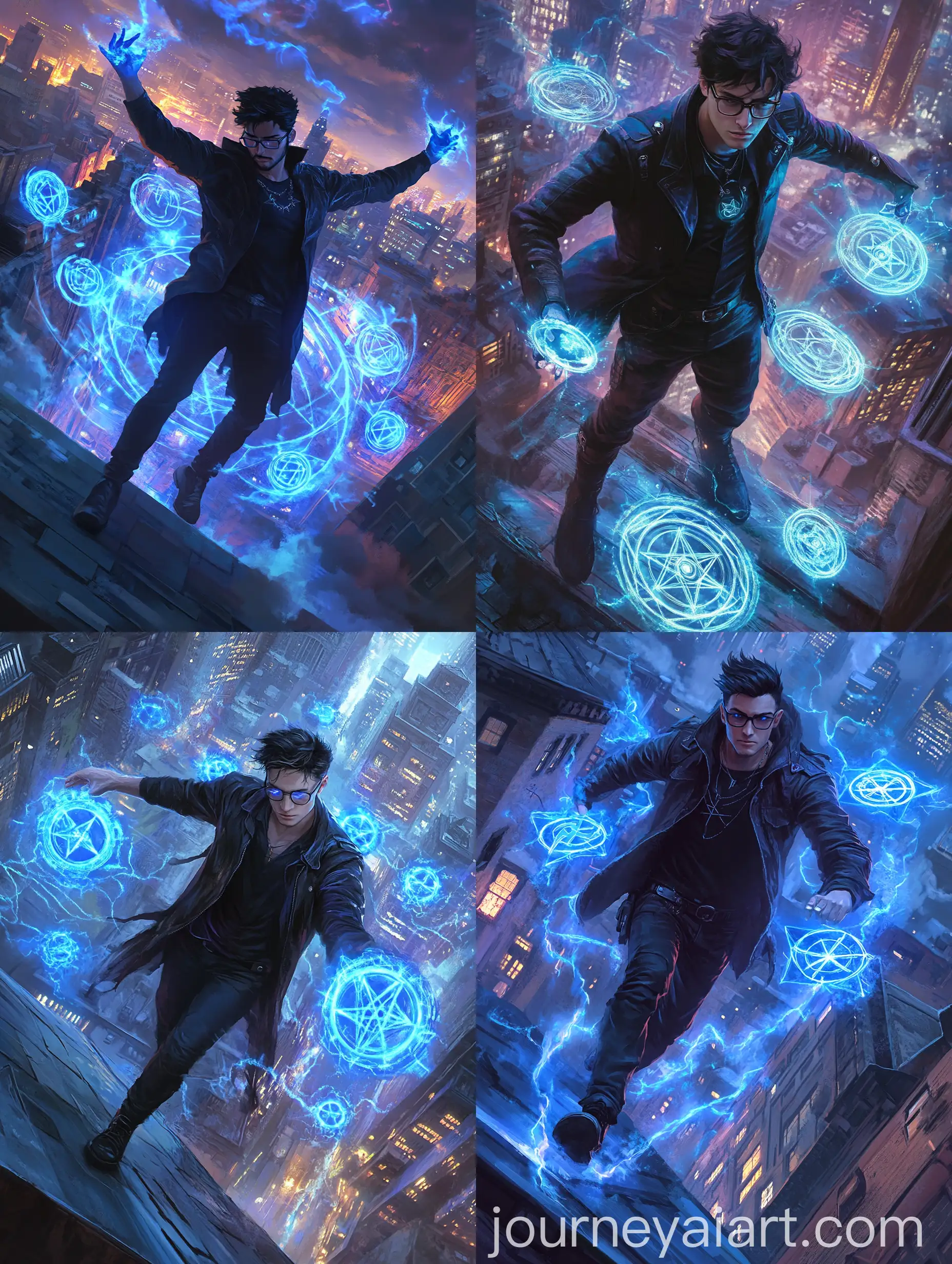 Urban-Mage-Casting-Blue-Magic-Seals-Over-Cyberpunk-City
