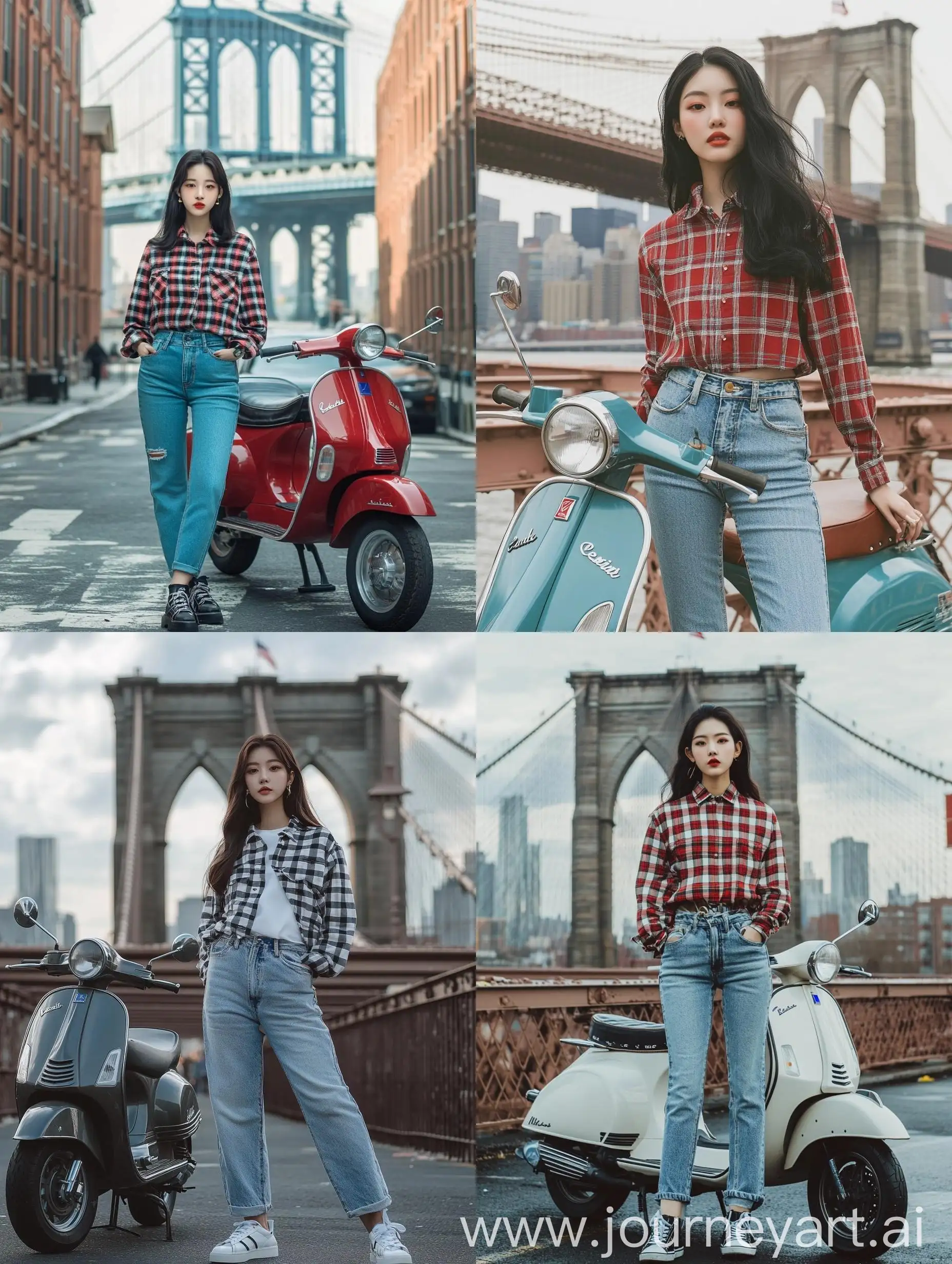 Young-Korean-Woman-in-Checkered-Shirt-with-Vespa-at-Brooklyn-Bridge