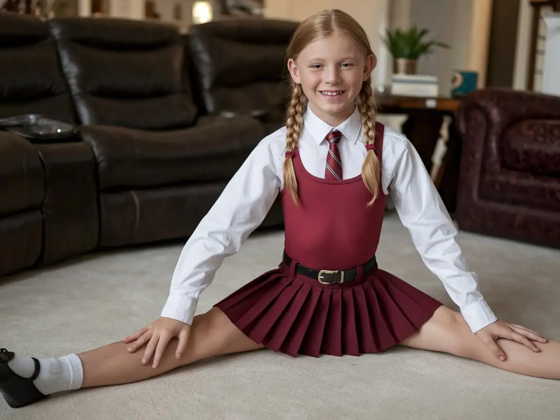 Teen-Ballet-Dancer-in-WineRed-Leotard-Posing-on-Living-Room-Floor