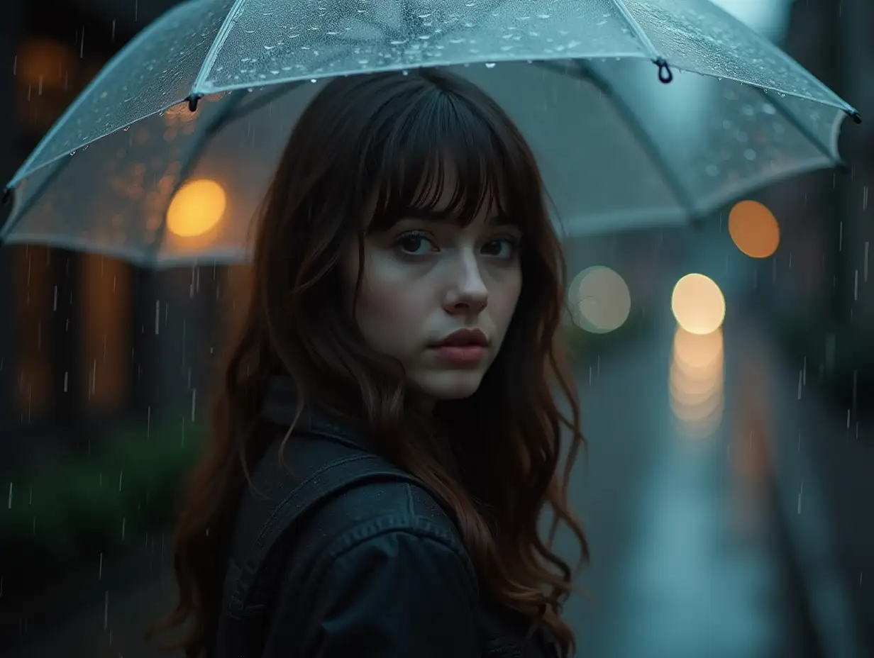 Generate a realistic, cinematic portrait of a young woman standing under a clear umbrella on a rainy day. She has long, wavy brown hair with soft bangs, and she is looking directly at the viewer. Raindrops fall softly around her, with the background softly blurred, showing bokeh lights from the raindrops reflecting the surrounding light. The atmosphere should feel peaceful and slightly melancholic, with dim lighting that captures the mood of a rainy evening.