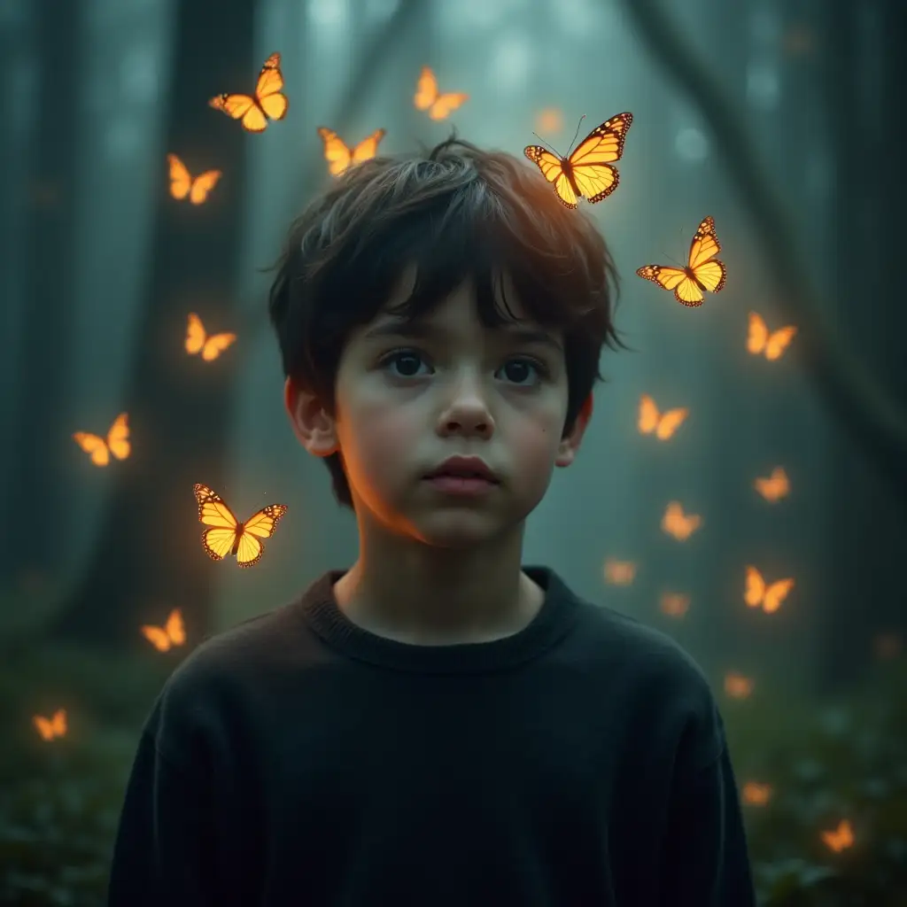 A young boy with dark, tousled hair and deep, expressive eyes stands in a mystical forest, surrounded by glowing orange butterflies. He wears a dark, long-sleeved sweater, and his gaze is soft yet intense, reflecting curiosity and wonder. The atmosphere is dreamy with a soft, moody blue-green haze in the background, and the golden light from the butterflies casts a warm glow on his face. The butterflies flutter around him, some landing gently in his hair and on his shoulders, creating a magical, surreal effect. The background is blurred, emphasizing the boy and the butterflies in a cinematic, artistic style.