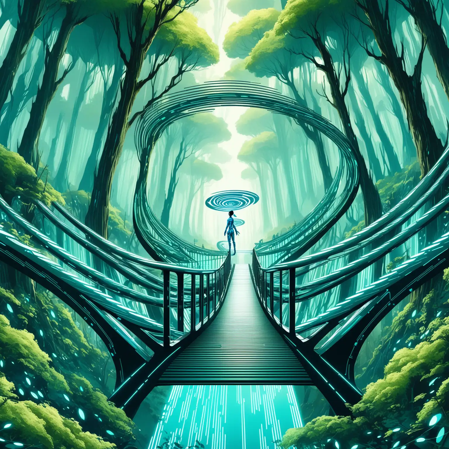 an avatar crossing a bridge in a swirling forest landscape in futuristic style