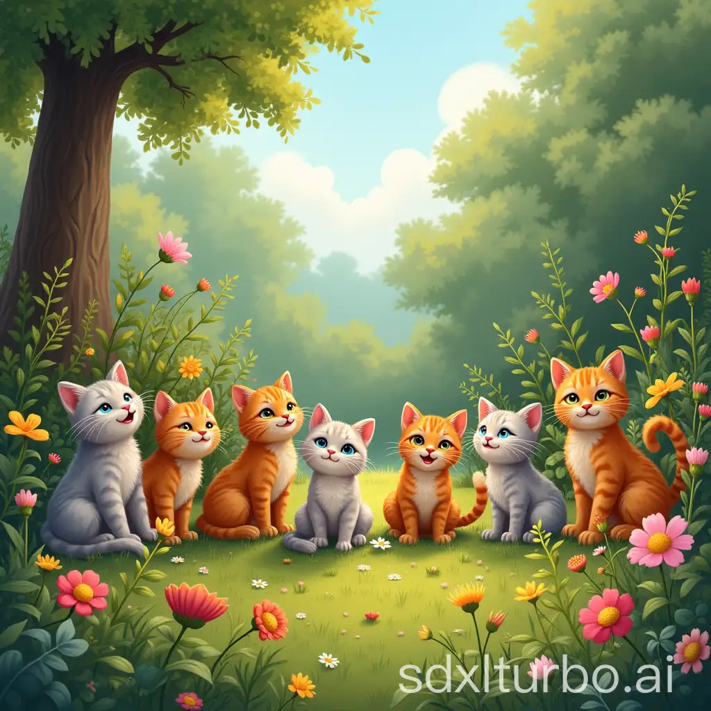 Playful-Cats-Enjoying-a-Colorful-Garden