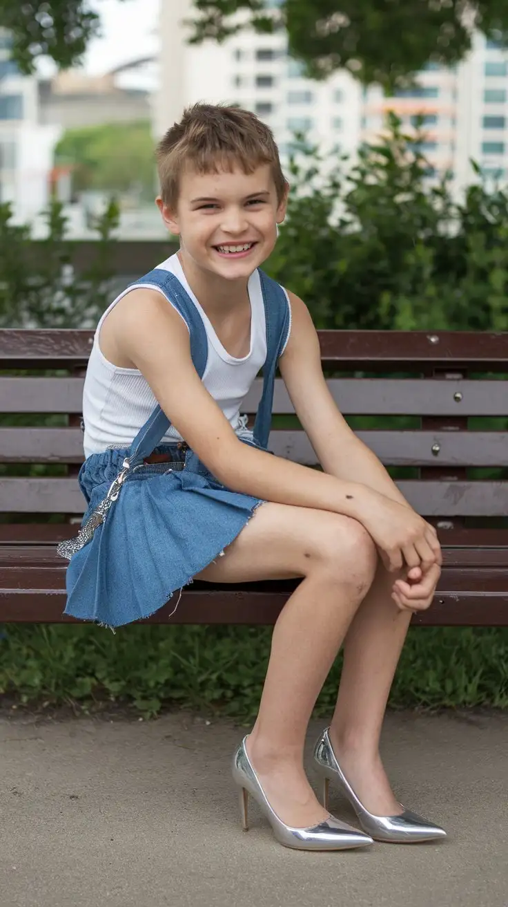 little young ugly boy wearing blue denim mini skirt and white tanktop and silver pointed toe high heels and sitting on a park bench and smiling and cross legs