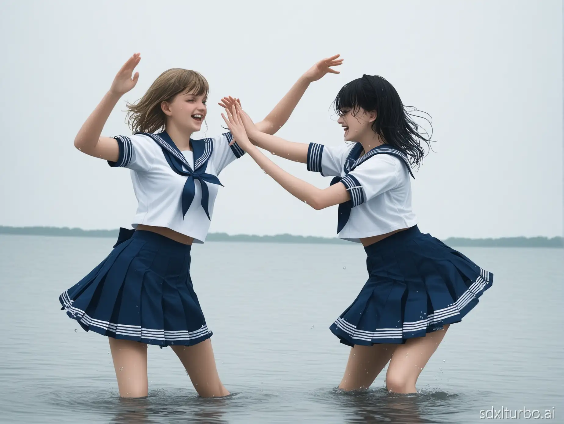 Two girls wearing sailor uniforms dancing in the water