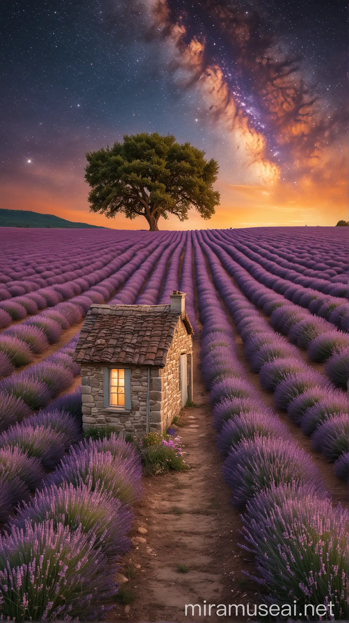 A serene countryside scene with a small stone cottage illuminated by a soft warm light, surrounded by a vast lavender field. The rows of lavender lead towards the horizon, glowing faintly under the vibrant colors of sunset. Above, the breathtaking Milky Way stretches across the night sky, filled with countless stars and cosmic hues of purple, orange, and white. A lone tree stands next to the cottage, completing this tranquil and magical rural landscape.