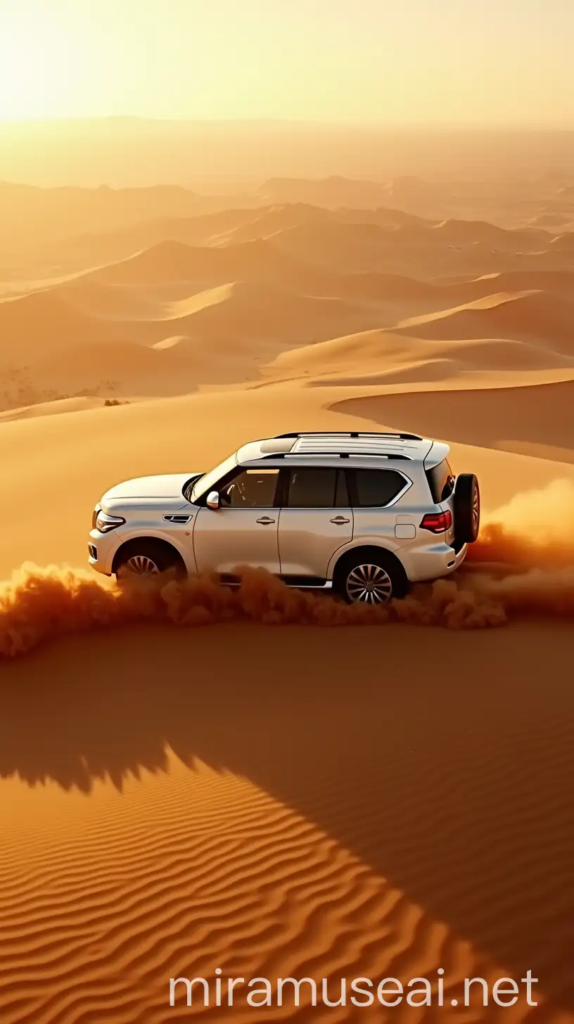 White Nissan Patrol Racing Across Golden Desert Dune