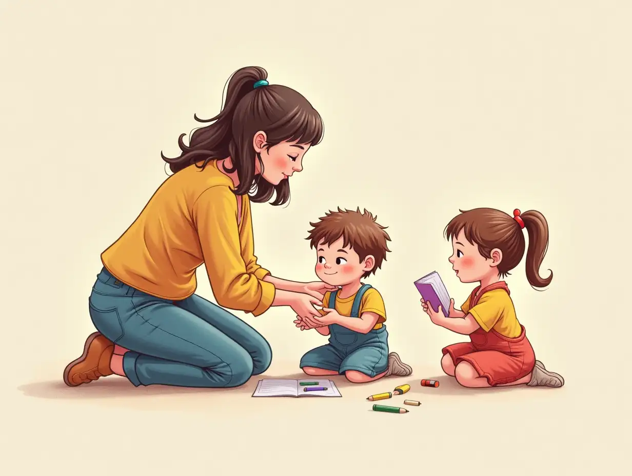 a preschool teacher and small children. 2d drawing