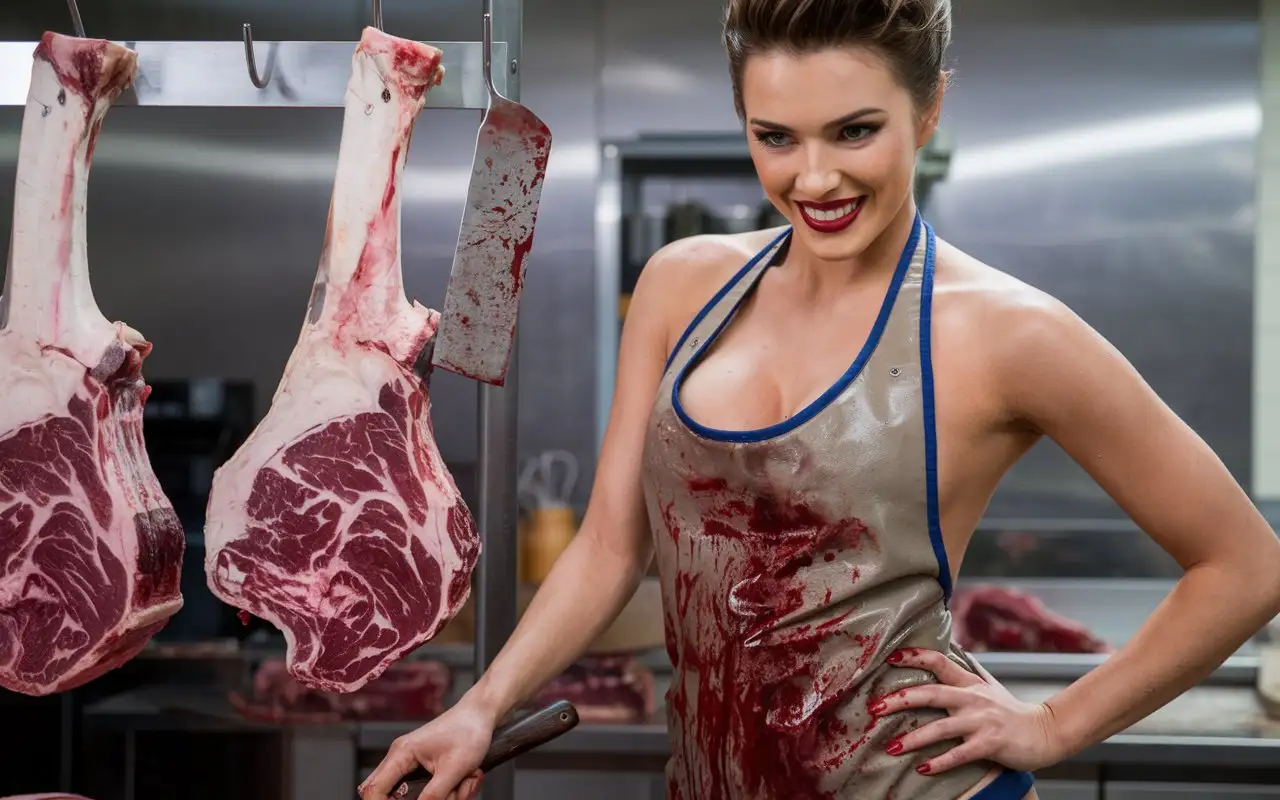 Beautiful-Woman-Carving-a-Carcass-with-a-Butchers-Knife-in-Grungy-Clothing