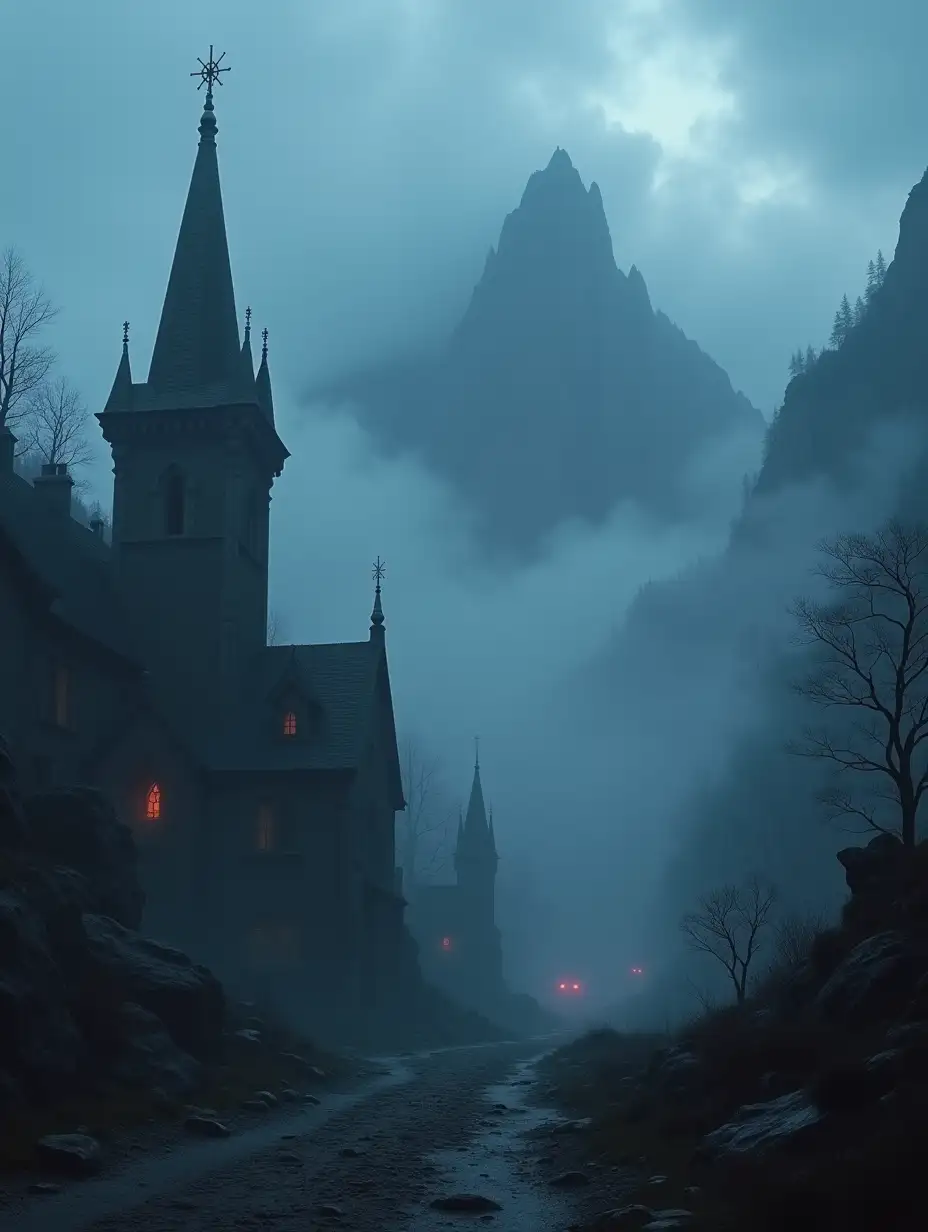 A gloomy, mist-covered gothic landscape at dusk, with towering, jagged mountains in the background. The sky is overcast with heavy, dark clouds, giving the entire scene a moody and eerie vibe. There are old, gothic-style buildings with pointed roofs and intricate stonework scattered throughout the setting, some partially hidden by the mist. The ground is uneven, with rocky outcroppings and patches of dark, withered vegetation. The overall color palette is cold and desaturated, with shades of grey, deep blues, and black dominating the scene. The atmosphere is haunting yet mesmerizing, with the faint glow of distant red eyes barely visible through the fog.