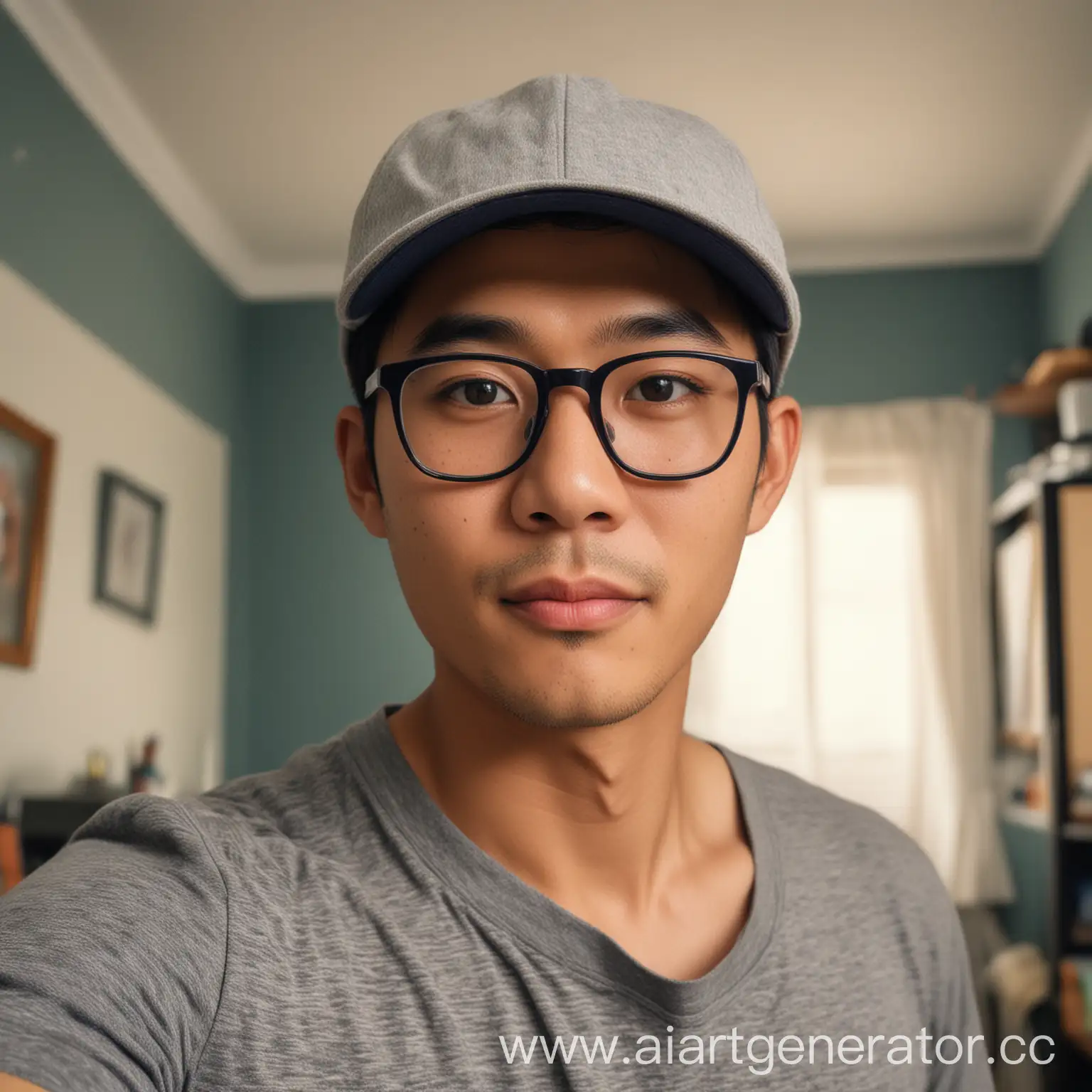 Asian-Boy-with-Glasses-and-Cap-in-His-Room