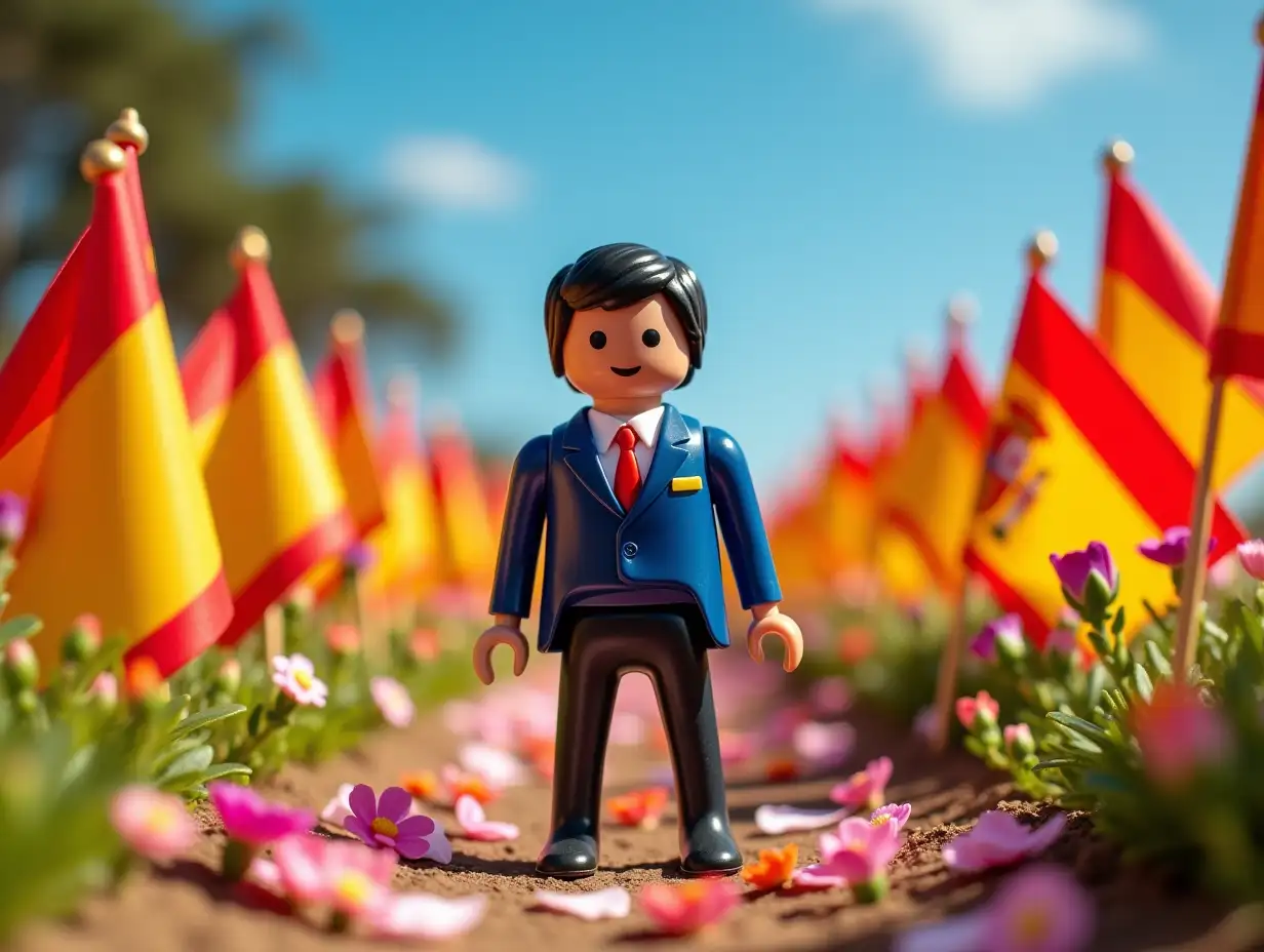 A Playmobil set, with Pedro Sánchez, a rain of flowers, and many flags of Republican Spain