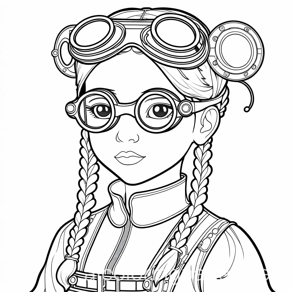 a steampunk little girl with pigtails and goggles, Coloring Page, black and white, line art, white background, Simplicity, Ample White Space. The background of the coloring page is plain white to make it easy for young children to color within the lines. The outlines of all the subjects are easy to distinguish, making it simple for kids to color without too much difficulty