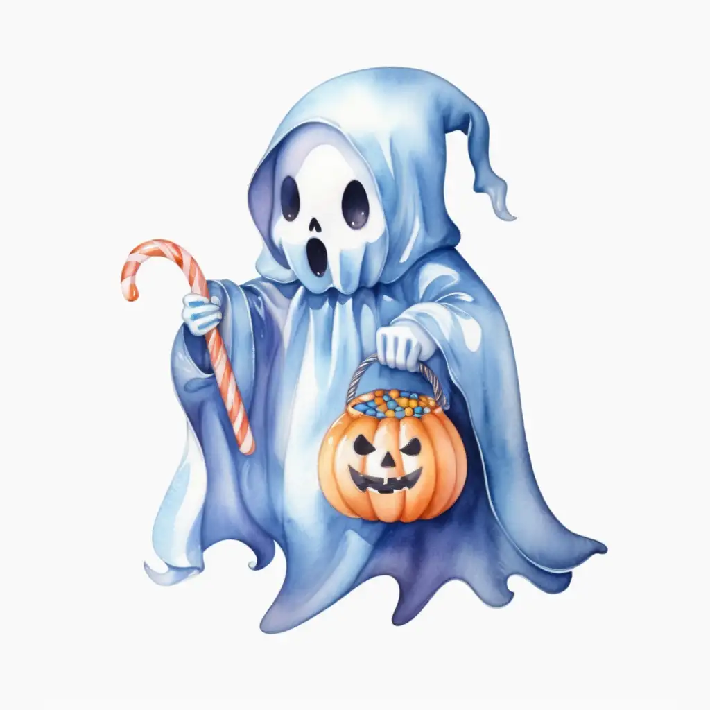 Adorable Watercolor Halloween Ghost Holding Candy Bag