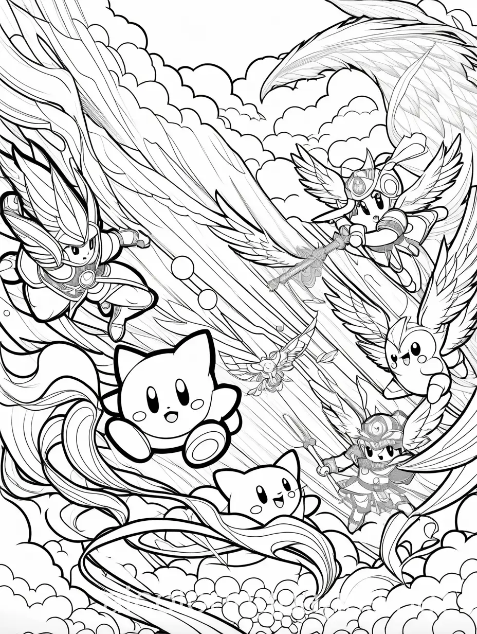 Kirby-and-Misono-Mika-Battling-Fantasy-Creatures-Coloring-Page