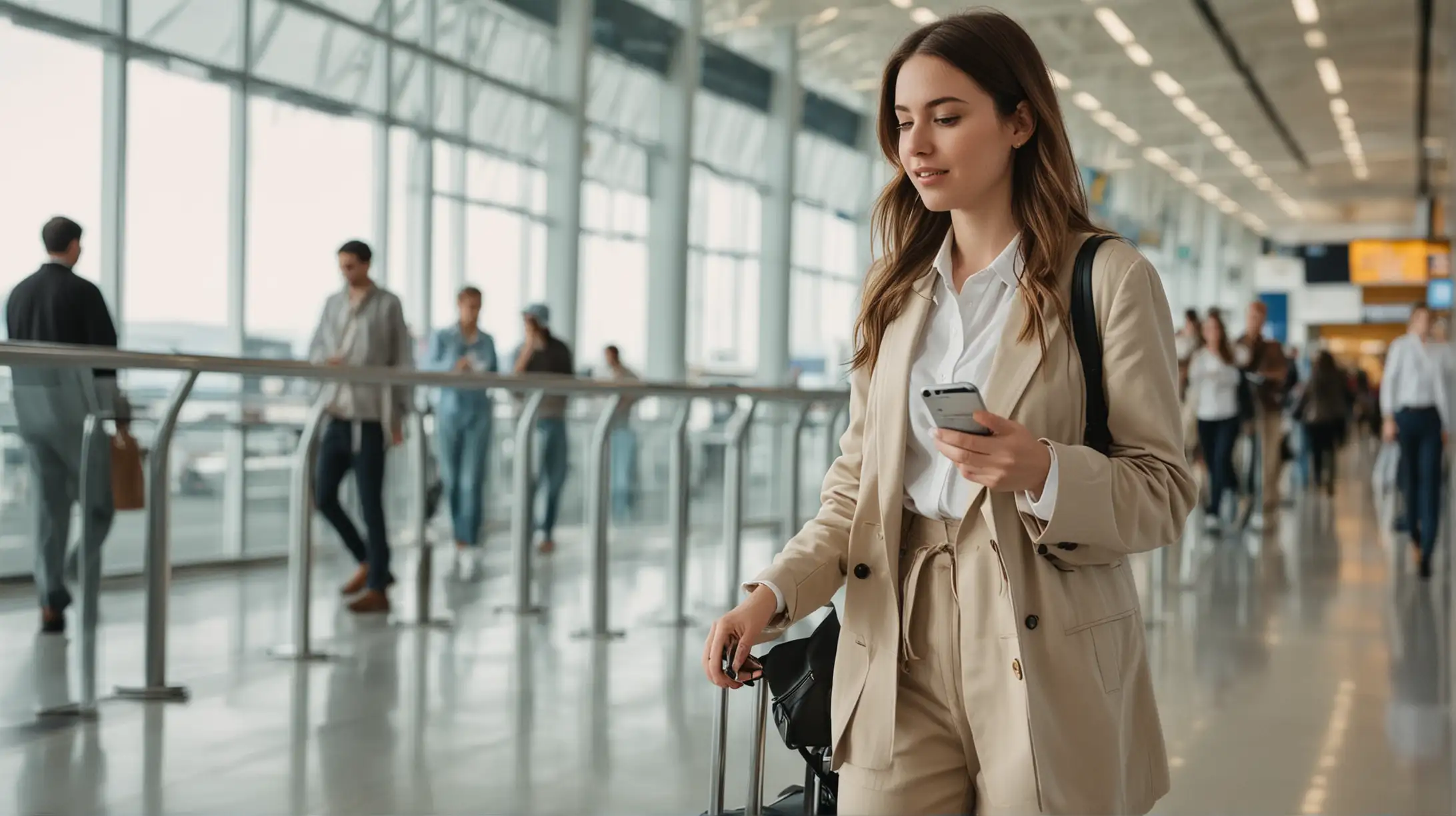 Fashionable Young Woman Sideways Walk at Airport Checking Phone