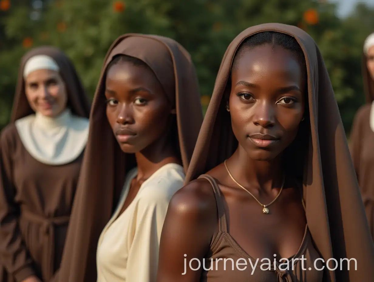 Two-African-Girls-with-Nuns-in-a-Garden-at-Morning-Light