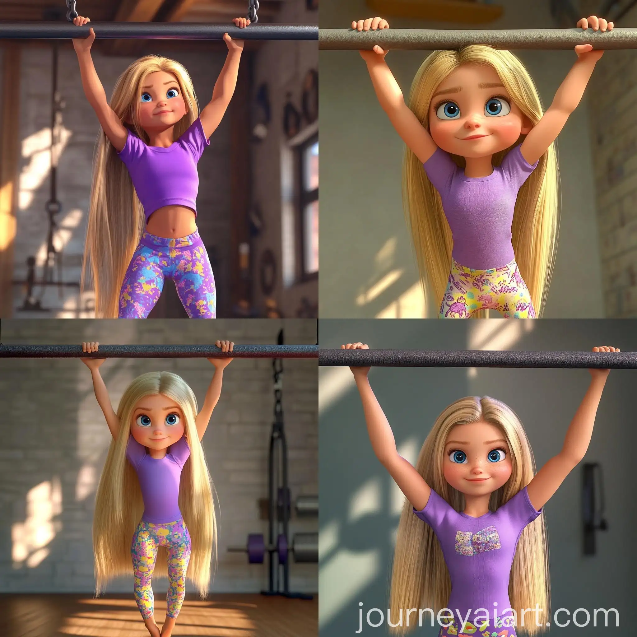 Disney-Pixar-Style-Gym-Exercise-Confident-Blonde-Woman-and-Girl-Balancing-on-Bar