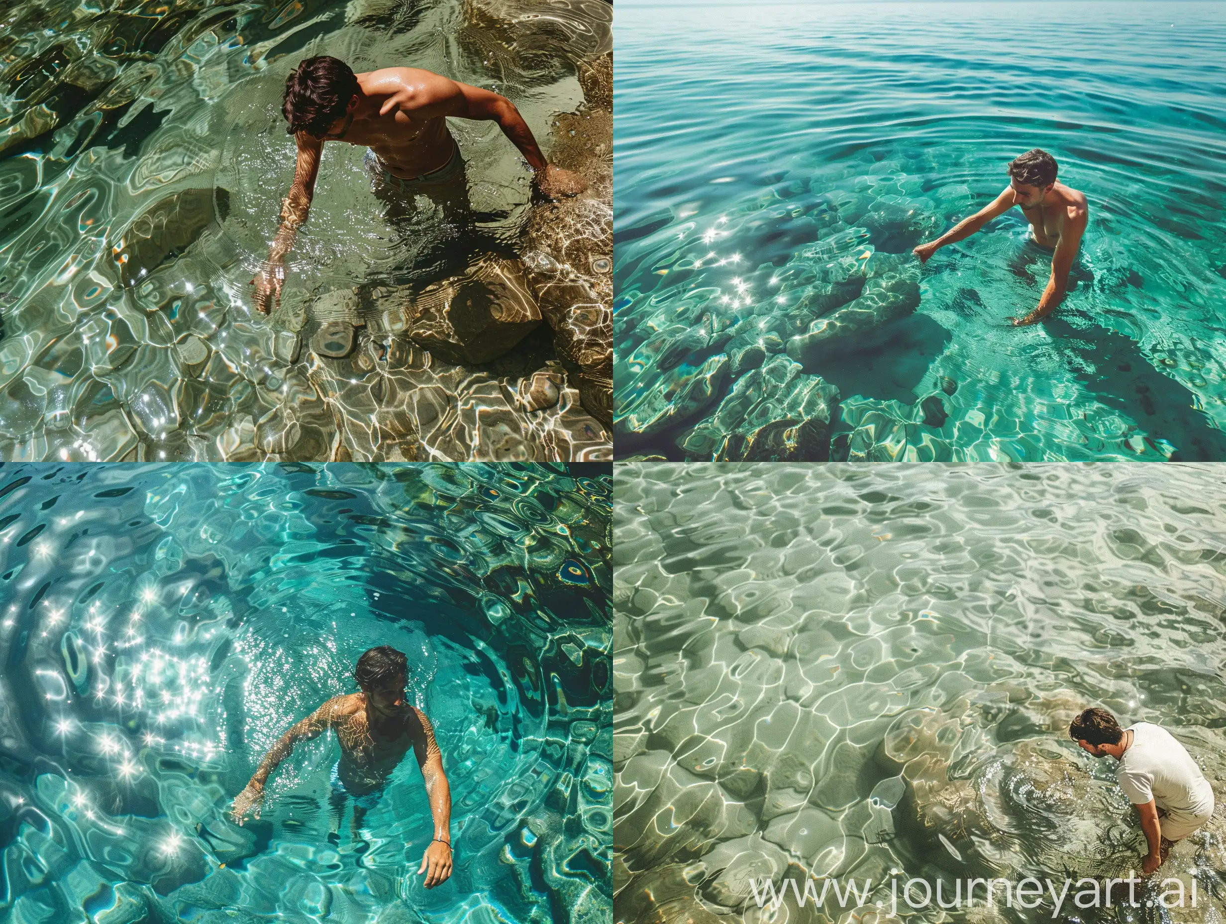 Man-Dipping-Toe-in-Crystal-Clear-Water-with-Sun-Glint