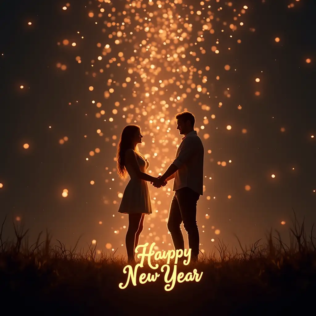 Create a PNG with a couple standing with lots of lighting falling on it and Happy New Year 2025 on the front.