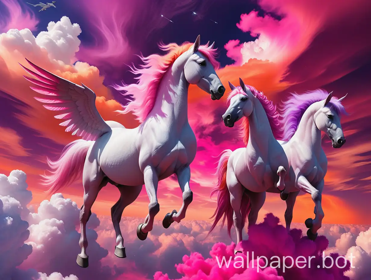 squadron of pegasus with a colorful sky (hot pink, magenta, purple, orange) and white fluffy clouds