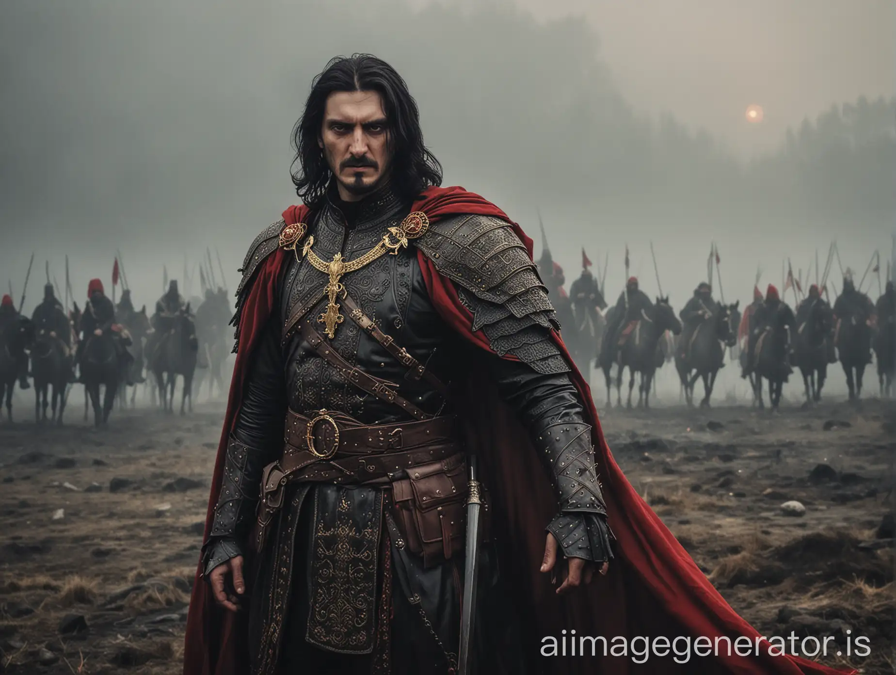 Vlad-Tepes-in-Black-Armor-and-Red-Cape-Amidst-a-Foggy-Landscape