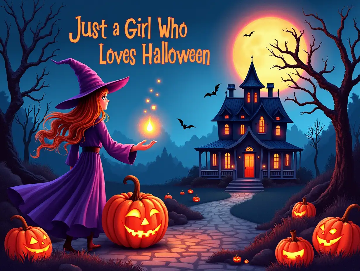 vector, Watercolor, neon, 64k. A vibrant Halloween scene filled with spooky and whimsical elements. A witch with flowing hair and a pointed hat stands beside a jack-o'-lantern, casting a spell. A haunted house looms in the background, and bats fly through the moonlit sky. Pumpkins and other Halloween decorations are scattered throughout the scene, adding to the festive atmosphere. featuring the word 'Just a Girl Who Loves Halloween' in bold, center.