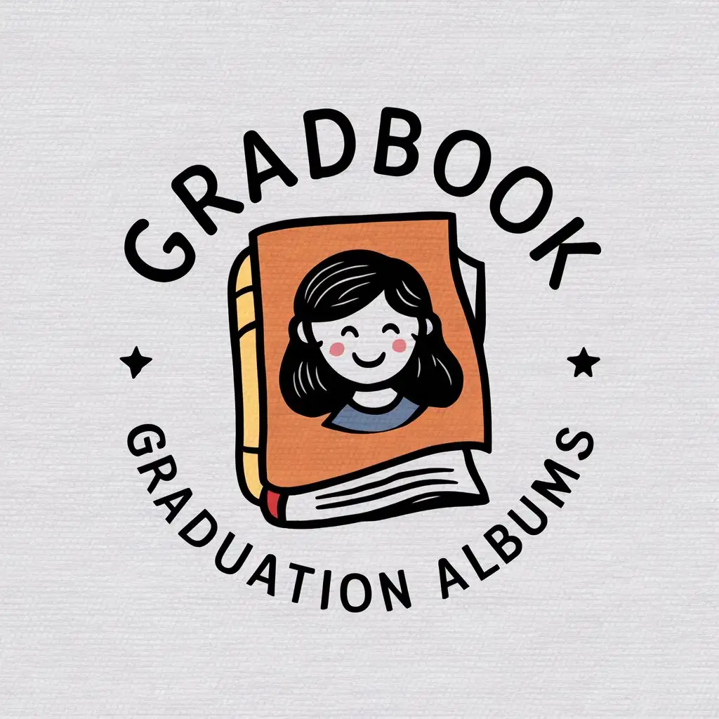 a vector logo design,with the text "GRADBOOK graduation albums", main symbol:A book with a drawing of a nice smiling girl, colorful illustrated style,complex,clear background