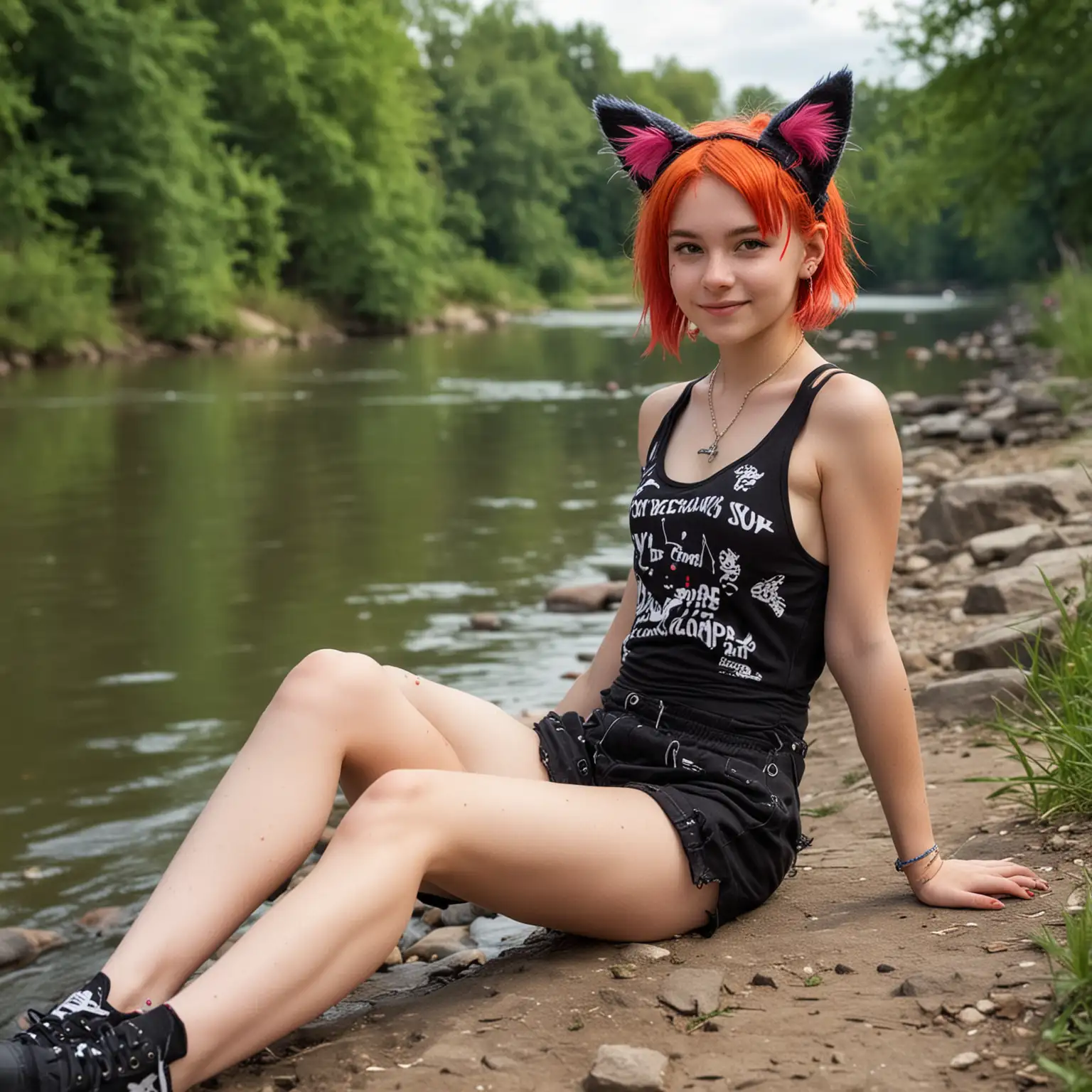 Cheerful-teen-Relaxing-by-the-River-in-Vibrant-Attire-full body- no clothes - punk - amateur - cat ears