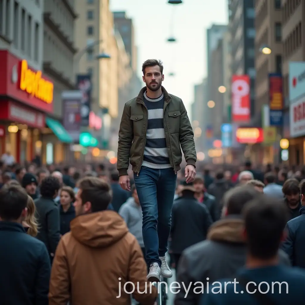 Man-Elevated-Above-Crowded-Urban-Street-with-Vibrant-Cityscape