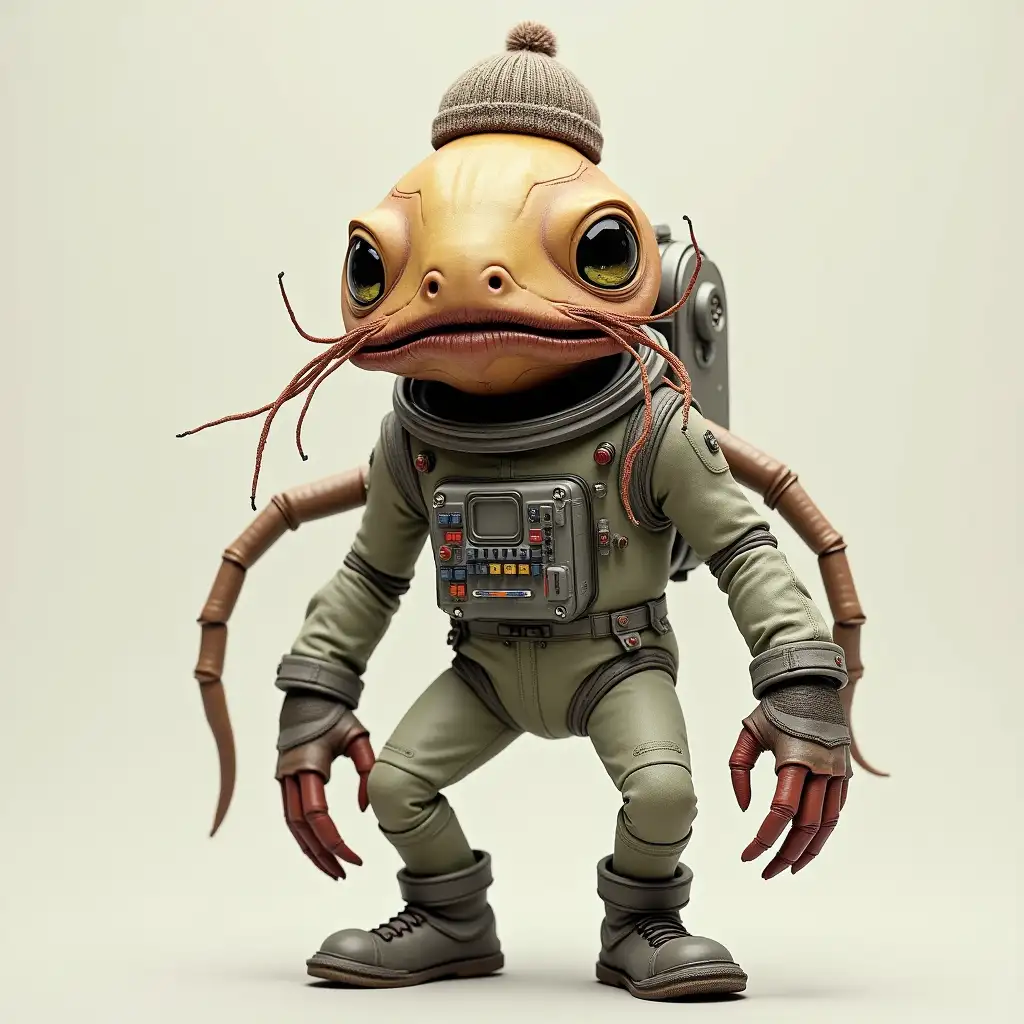 A large-sized alien creature with a pear-shaped head. Four crab eyes protrude from four oval eye sockets. A large, fleshy mouth, a human nose, and long whiskers that resemble thin tentacles. The being has six slender human arms on the sides and two legs, wearing boots. Wearing a spacesuit with an open helmet, and on its head is a small knitted cap.