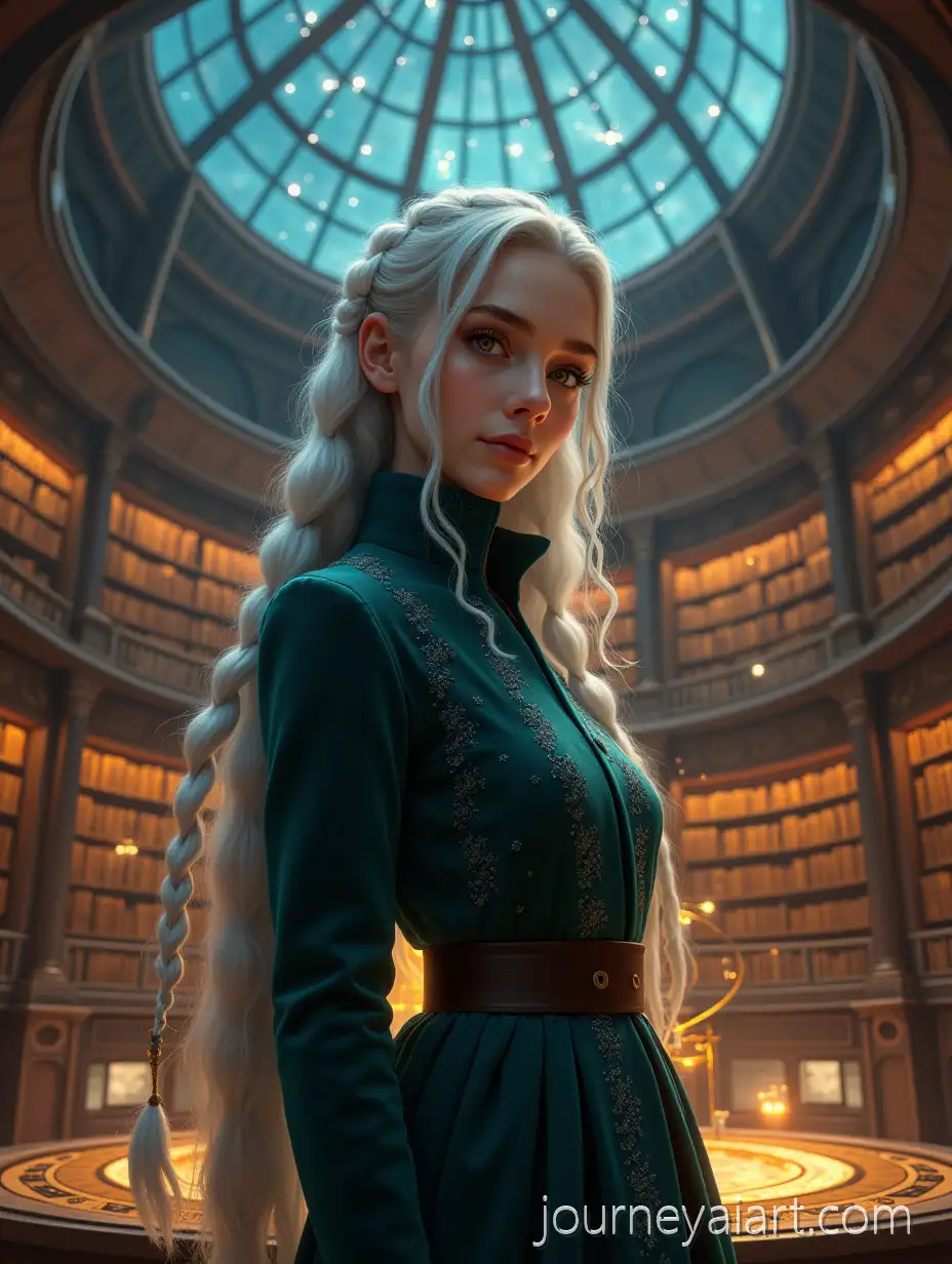 Young-Female-Archivist-ElAI-Image-Prompt-Expansionara-in-a-Majestic-Starry-Library-with-a-Glowing-Orrery