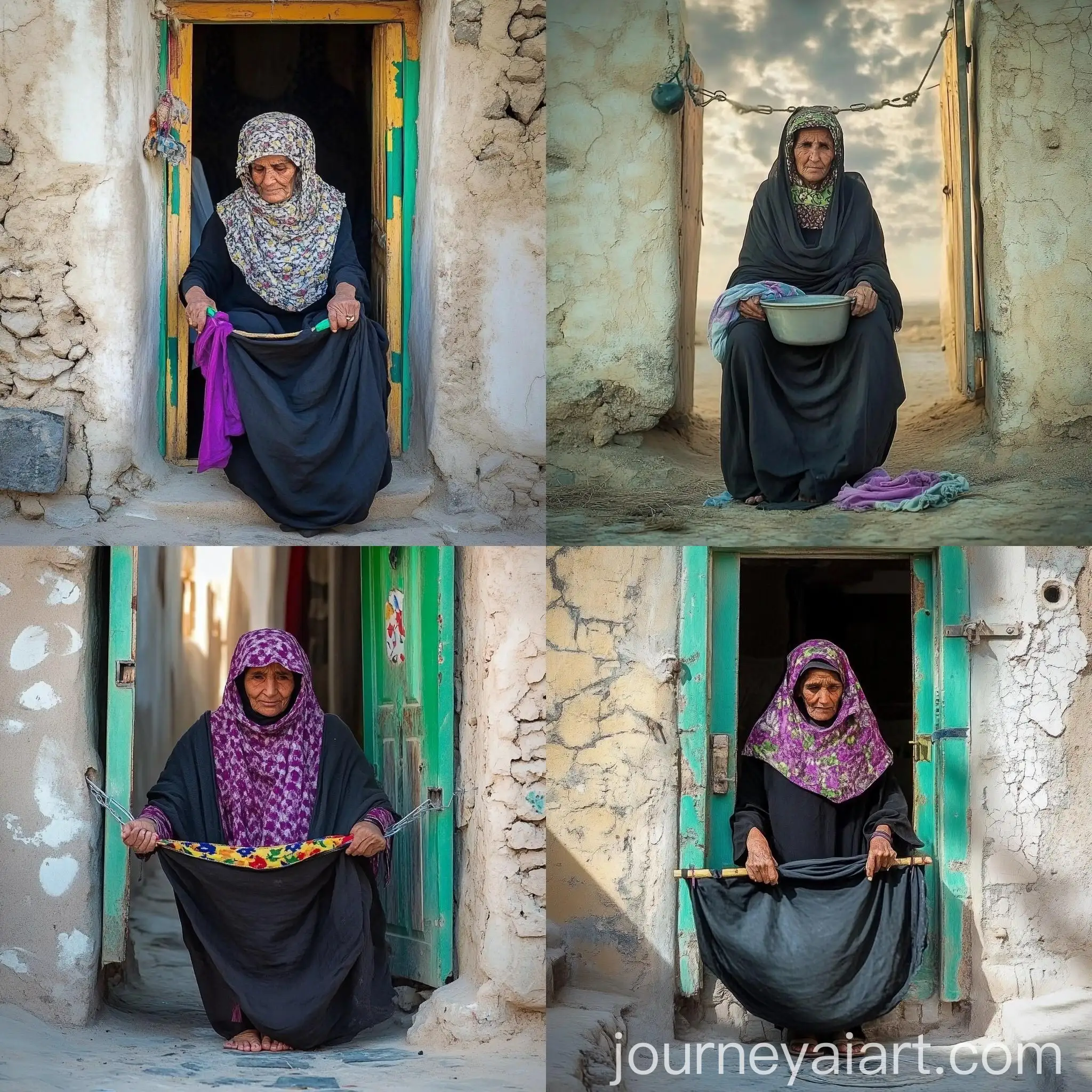 Emirati-Old-Woman-Washing-Laundry-Outdoors