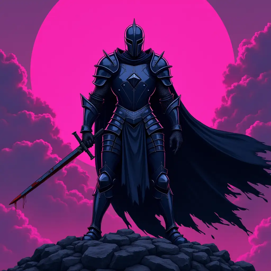 Dark knight, medieval armor, full plate armor, helmet with visor, long sword, blood-stained blade, flowing black cape, powerful stance, neon pink clouds, vibrant purple sky, dark silhouette, comic book style, dramatic lighting, intense atmosphere, gothic fantasy, ominous warrior, hyper-detailed illustration, digital art, high contrast colors