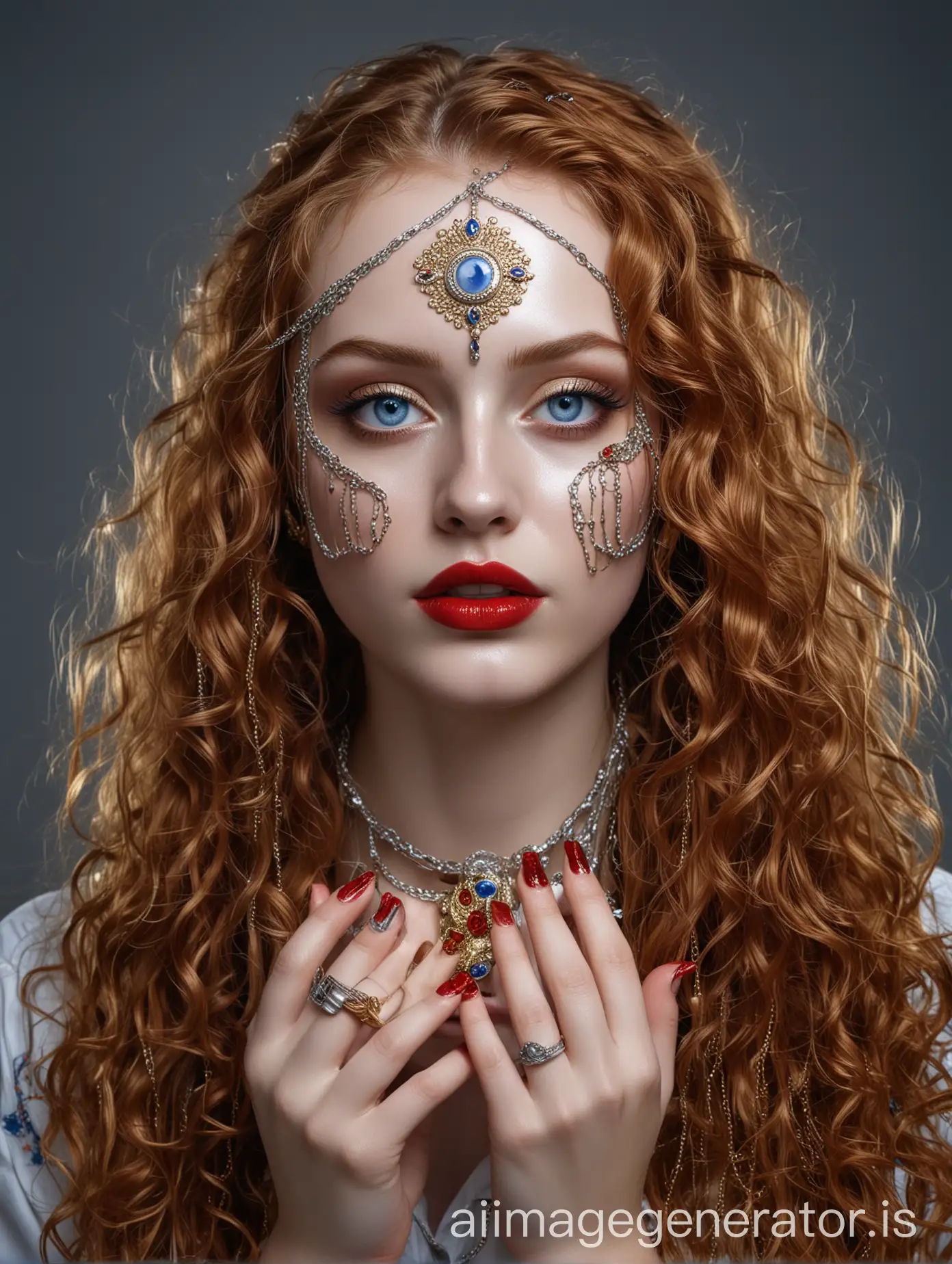 Portrait of a young Russian woman. Blue eyes, long curly red hair. Bright dark red lips, Face painted dark blue and white. One part of the face is covered with gold foil, the other part of the face is covered with silver foil. In her hands is a bright metal cube. Multi-colored nails. The head is completely visible. Gold metal chains are woven into the hair.