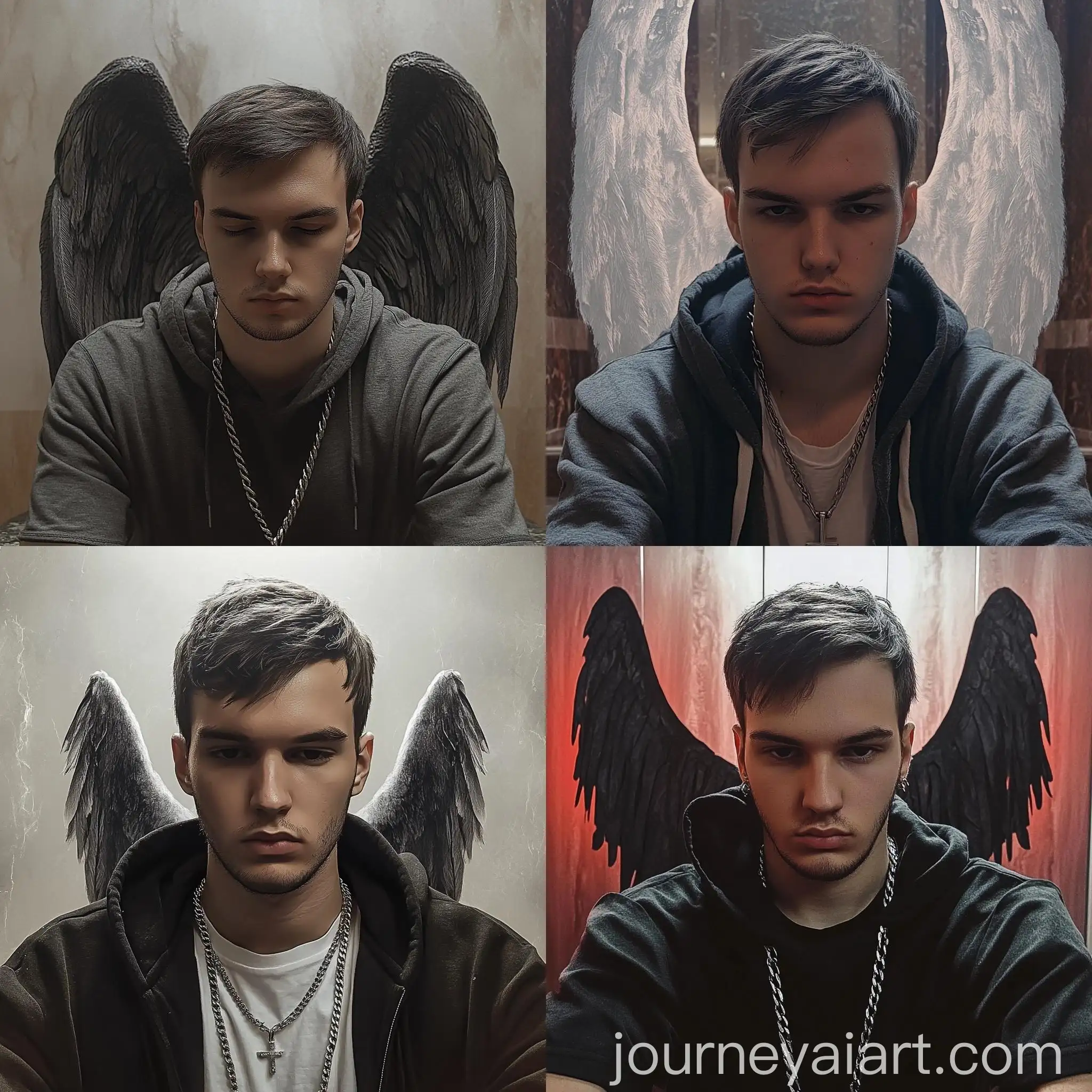 Angel-Wings-Hoodie-Guy-Sitting-on-Podium-in-Hellish-Background