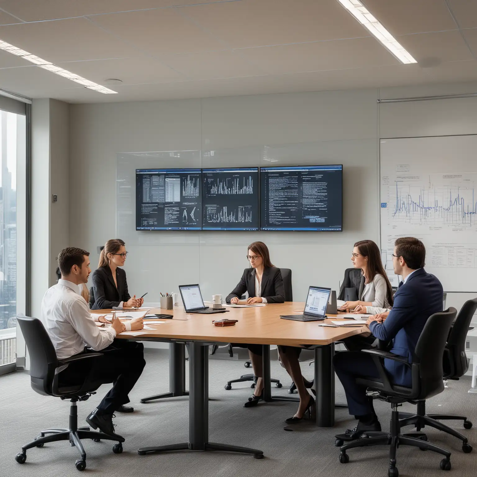 professionals in the legal field reviewing documentation in a meeting room with several screens with graphics