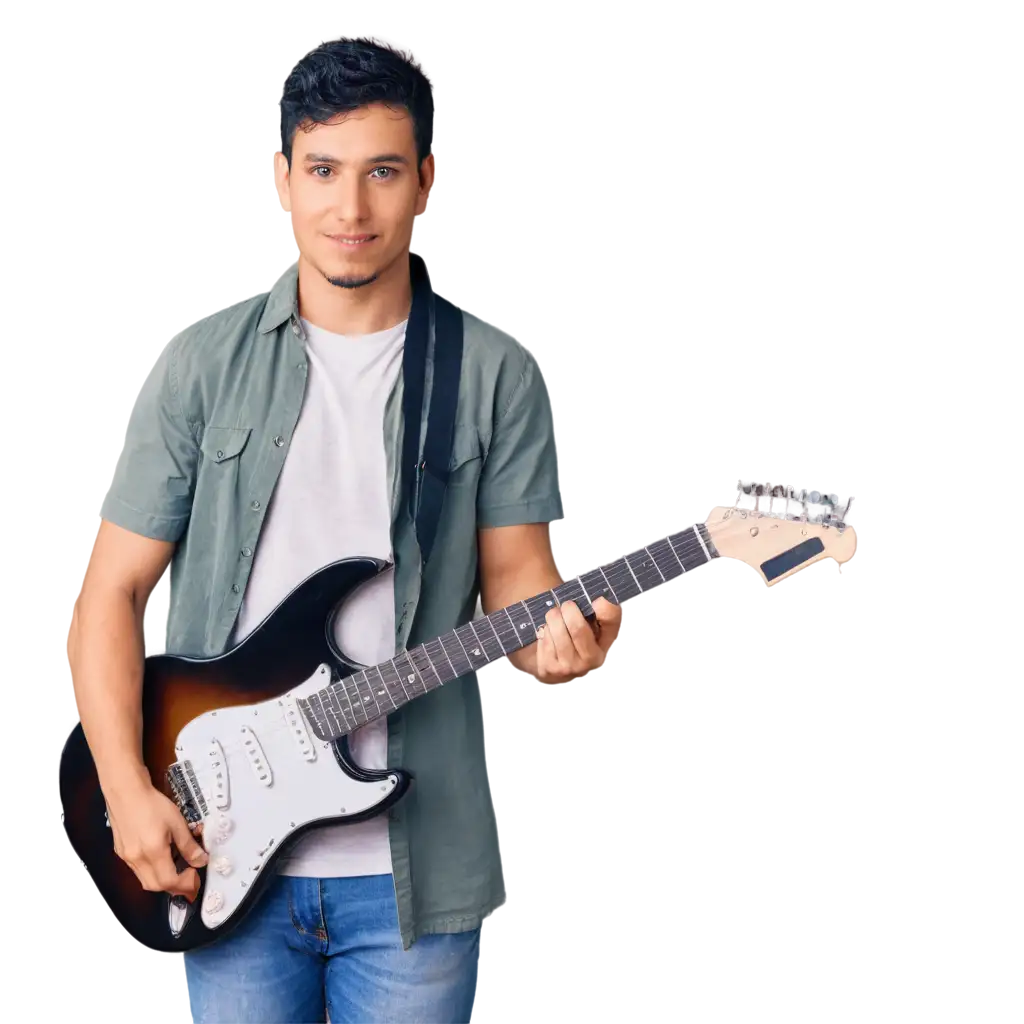 Handsome-Man-with-Electric-Guitar-in-a-Noisy-Brightly-Lit-Cafe-PNG-Image-HighQuality-Artwork-for-Various-Applications