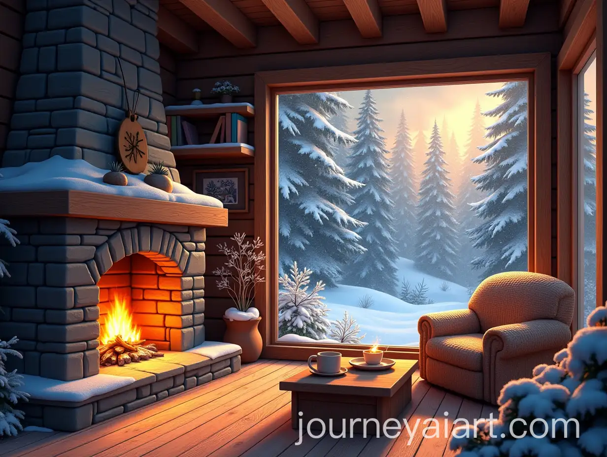 Cozy-Winter-Cabin-Interior-with-Fireplace-and-Scenic-Forest-View