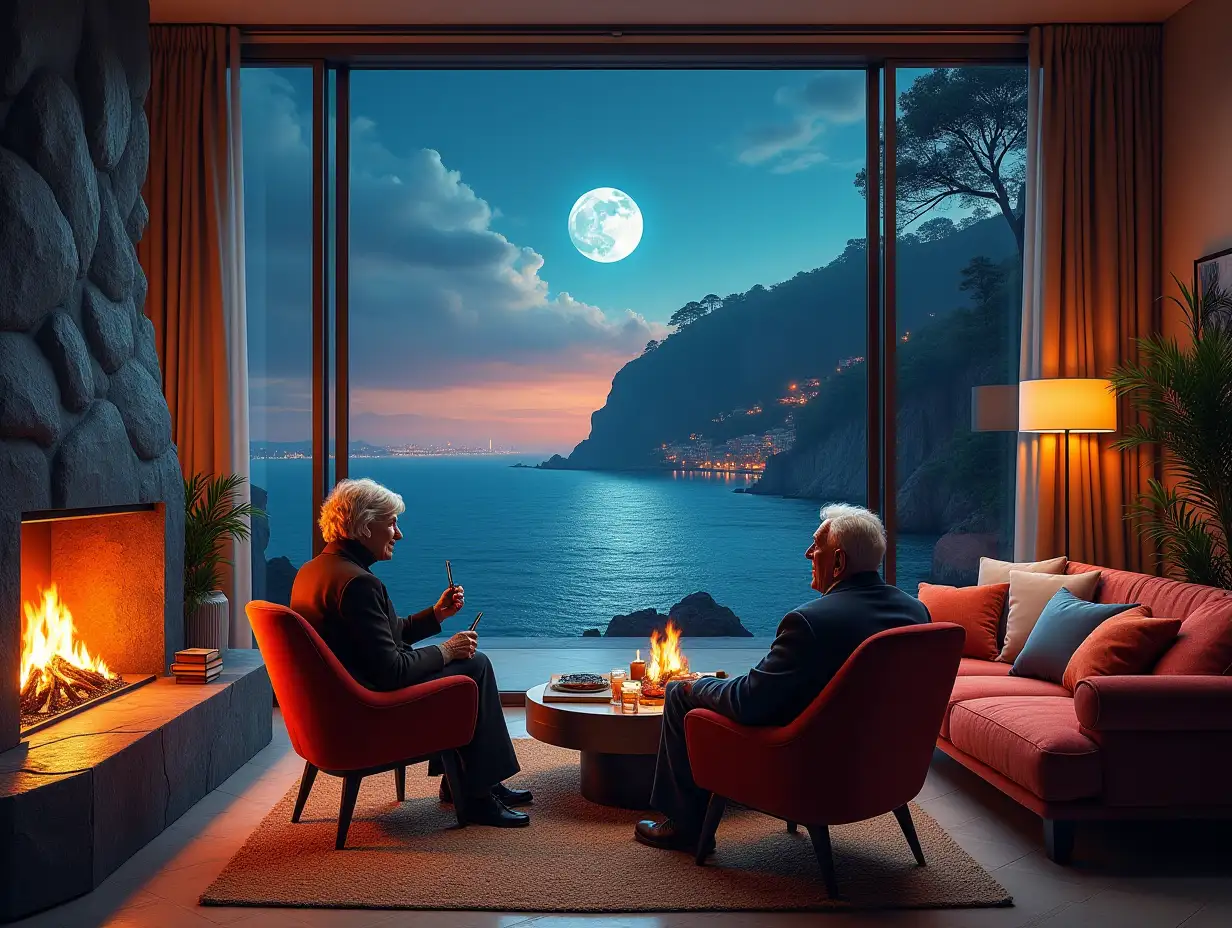 ultradetailed hyperrealistic portrait 65 year old woman and a man with pipe in hand in a very beautiful living room with modern furniture and modern dragon fireplace a wonderful open terrace with view on the sea elaborately detailed, colorful sea, city, rocky black silhouette with moon and bright