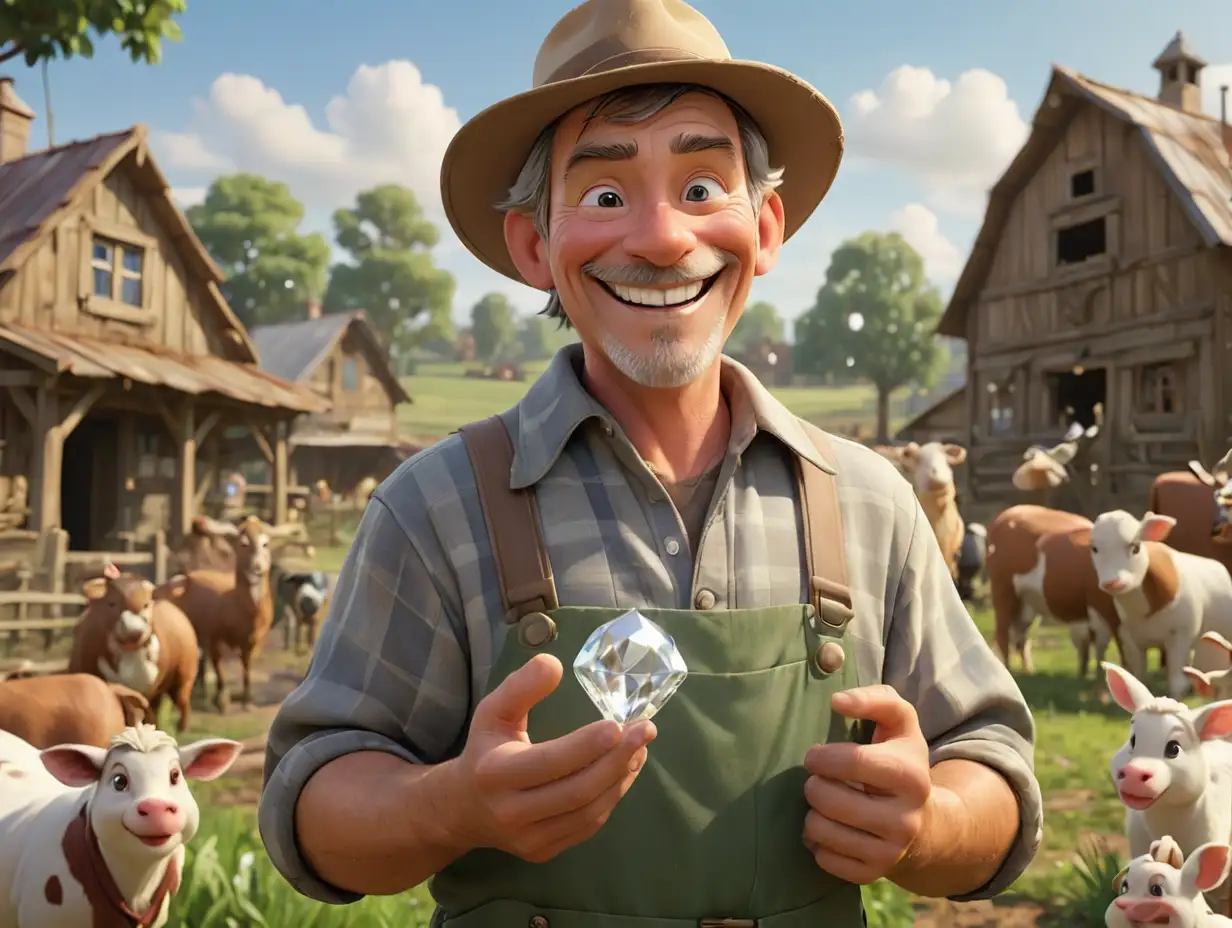 A wide-angle view of a middle-aged man wearing farming clothes, holding a sparkling white diamond, with a farm and smiling animals in the background., 3d disney inspire