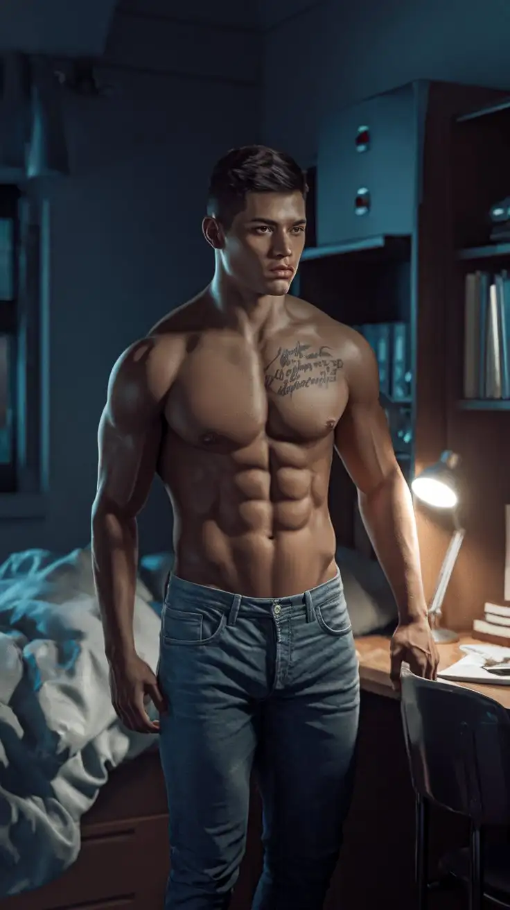 In a dorm room at night. A handsome, sturdy college guy stands solemnly alone in the dark, gazing with stoic calm. Photorealistic. No shirt.