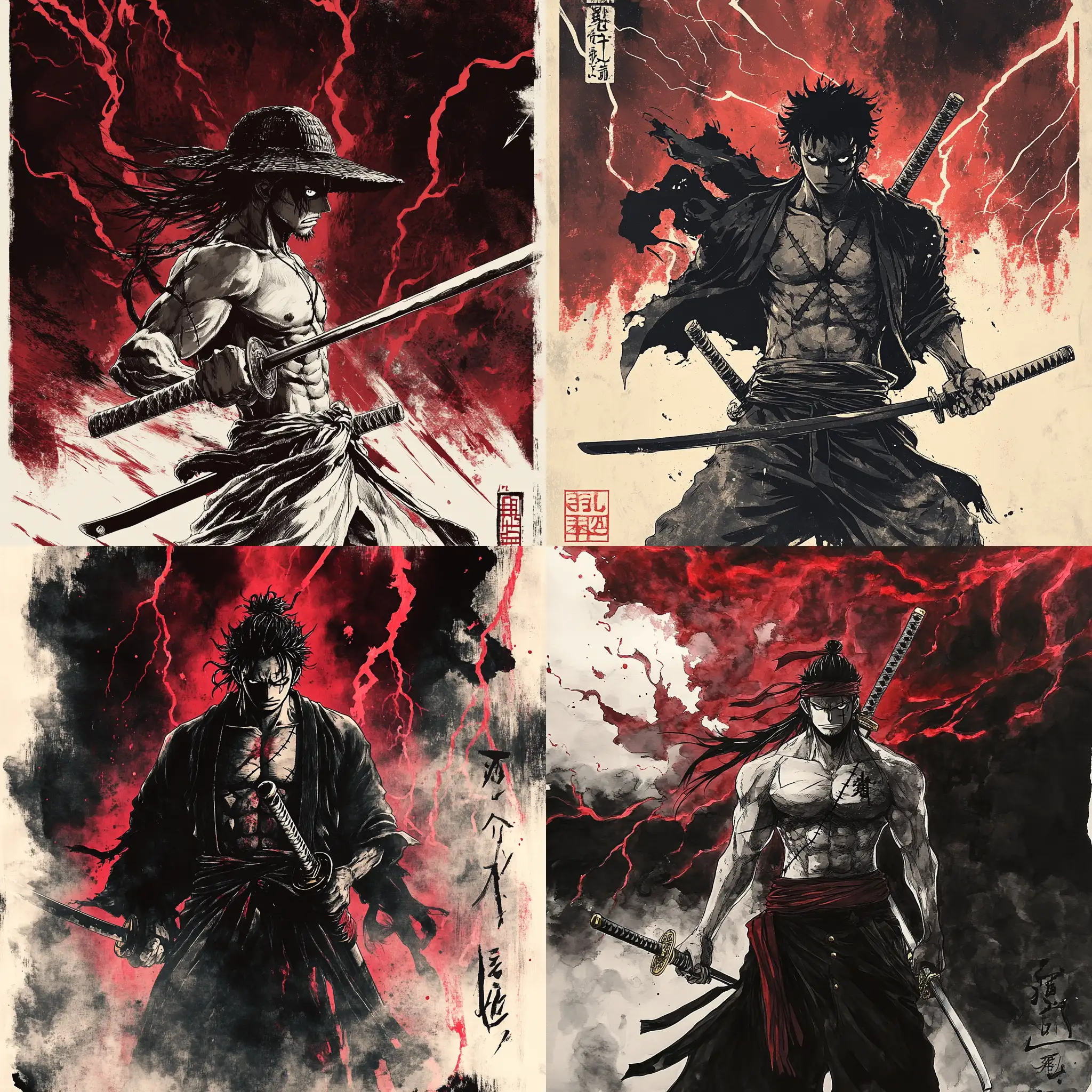 One-Piece-Shanks-Sumie-Ink-Poster-Design-with-Sword-and-Dark-Red-Lightning